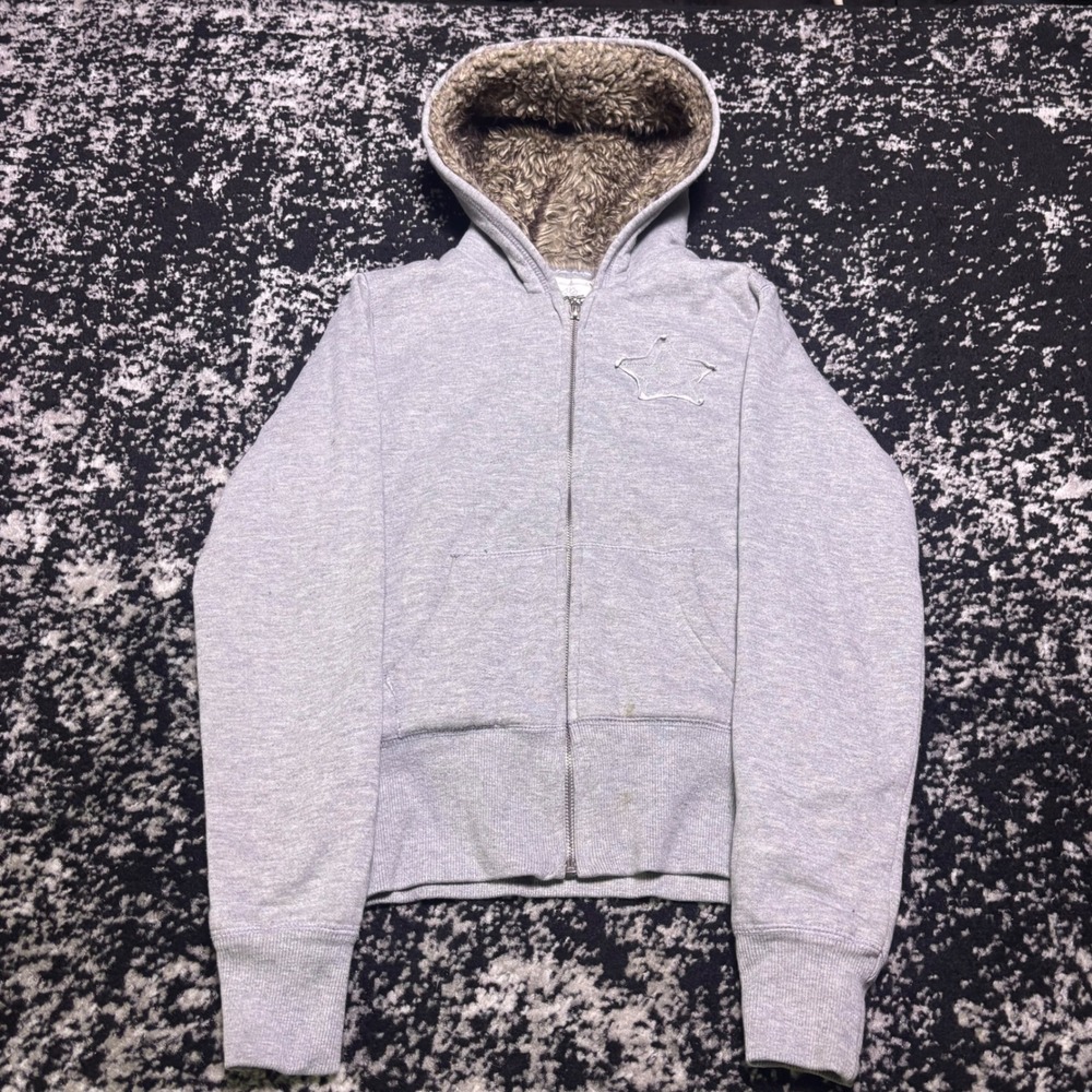 Papaya Y2K Gray Star Patch Faux Fur Lined Zip Up Hoodie Women Large